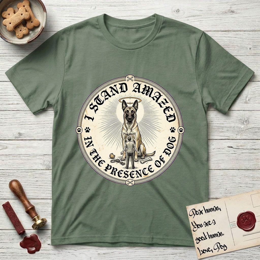 I Stand Amazed in the Presence Belgian Malinois T-Shirt flat lay in Military Green, featuring a vintage engraving medallion of a haloed Belgian Malinois with a small devoted human gazing up from below.