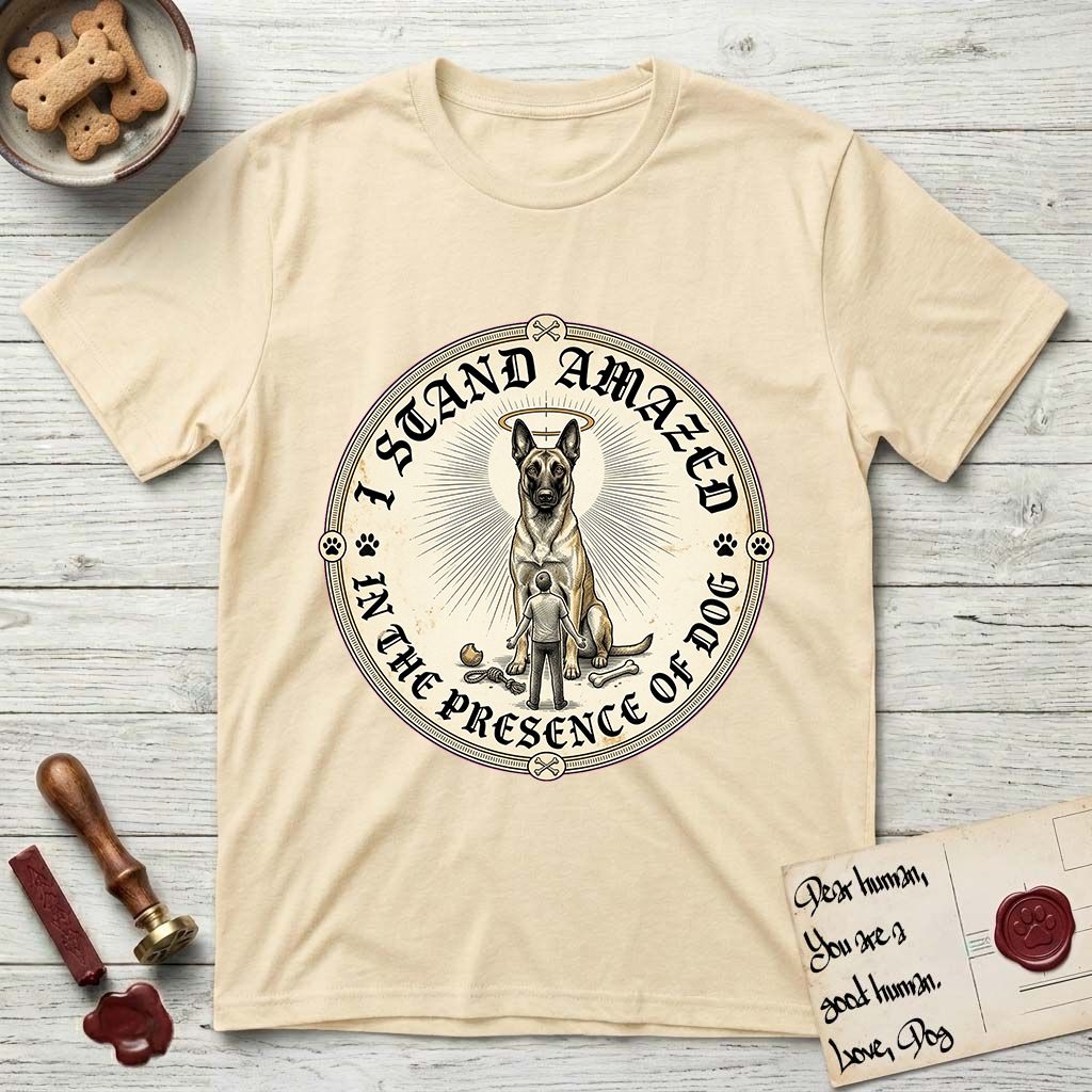 I Stand Amazed in the Presence Belgian Malinois T-Shirt flat lay in Natural, featuring a vintage engraving medallion of a haloed Belgian Malinois with a small devoted human gazing up from below.