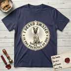 I Stand Amazed in the Presence Belgian Malinois T-Shirt flat lay in Navy, featuring a vintage engraving medallion of a haloed Belgian Malinois with a small devoted human gazing up from below.