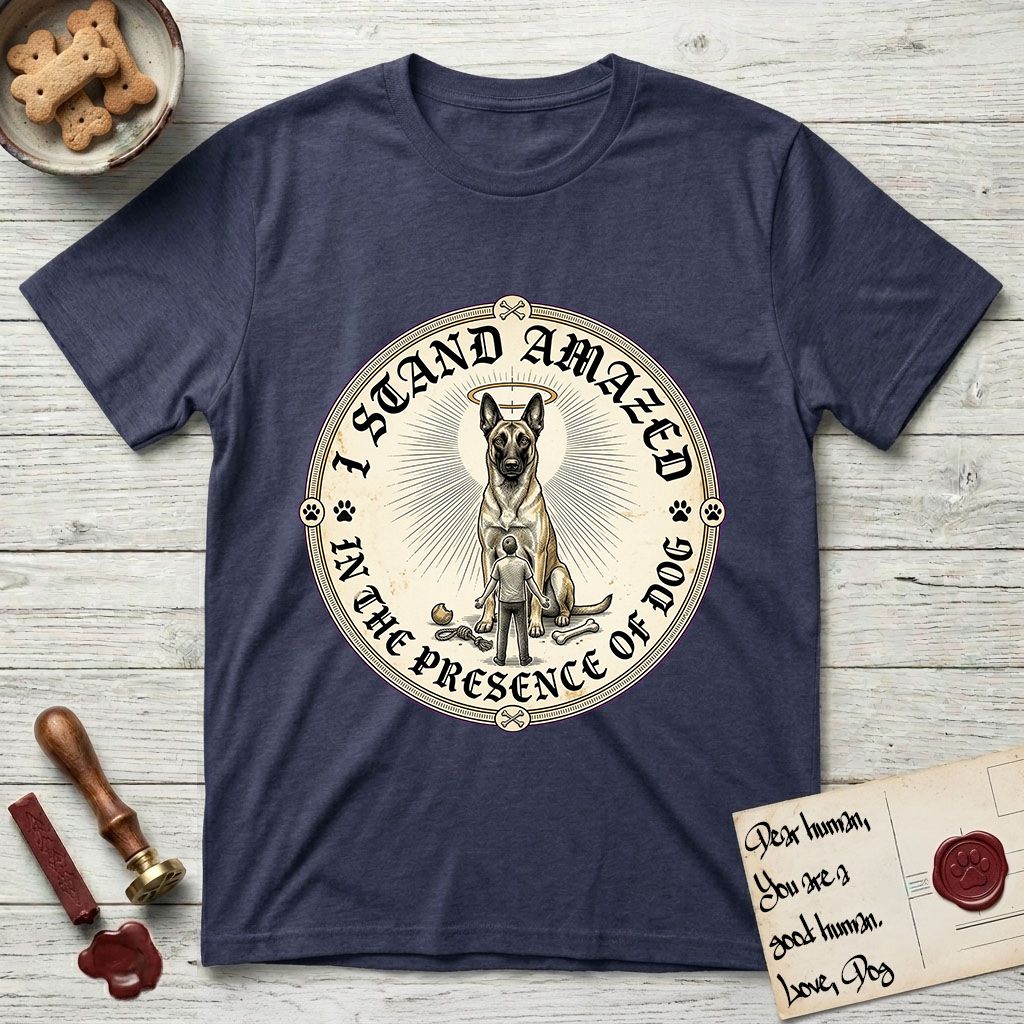 I Stand Amazed in the Presence Belgian Malinois T-Shirt flat lay in Navy, featuring a vintage engraving medallion of a haloed Belgian Malinois with a small devoted human gazing up from below.