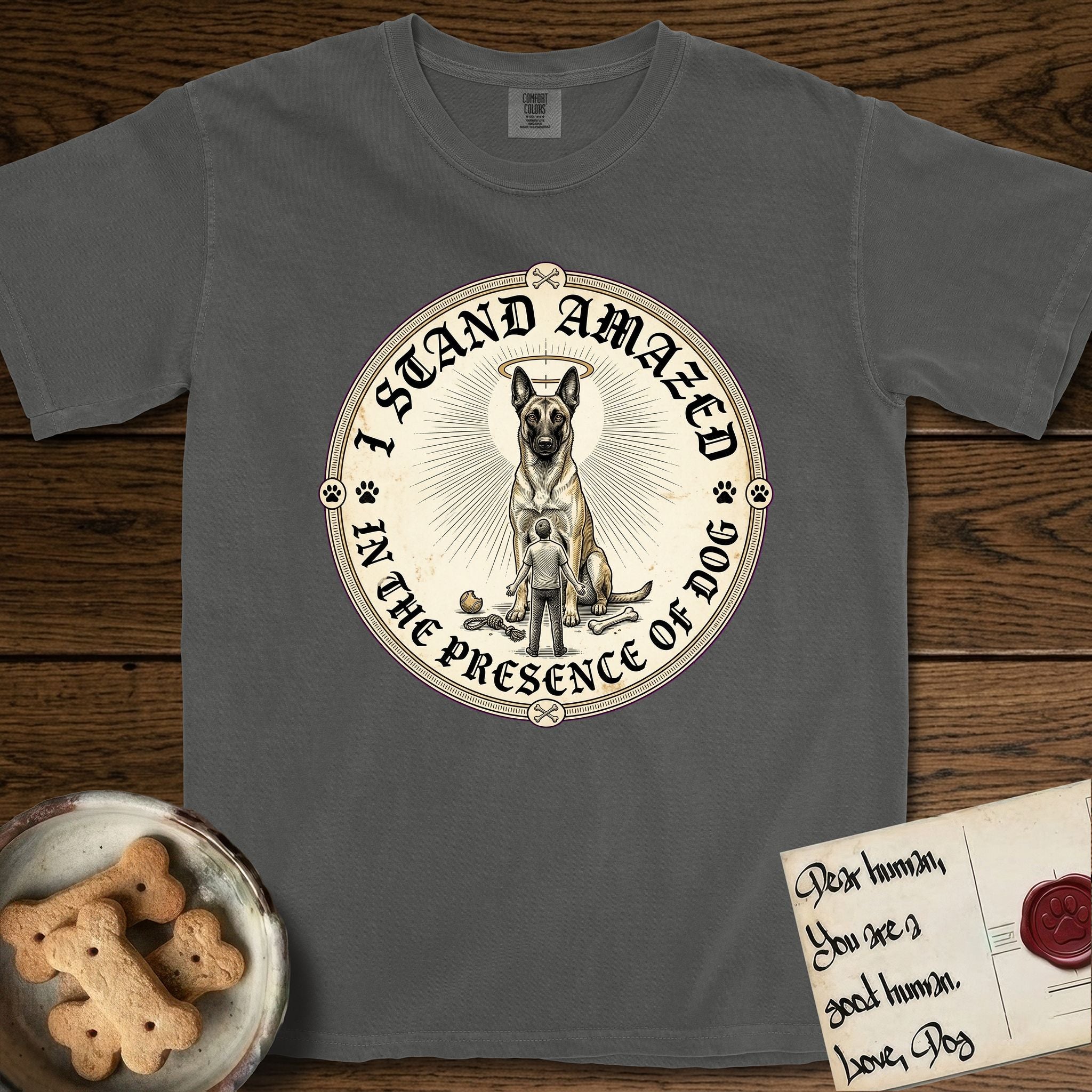I Stand Amazed in the Presence Belgian Malinois T-Shirt flat lay in Pepper, featuring a vintage engraving medallion of a haloed Belgian Malinois with a small devoted human gazing up from below.