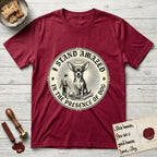 I Stand Amazed in the Presence Chihuahua T-Shirt flat lay in Antique Cherry Red, featuring a vintage engraving medallion of a haloed Chihuahua with a small devoted human gazing up from below.