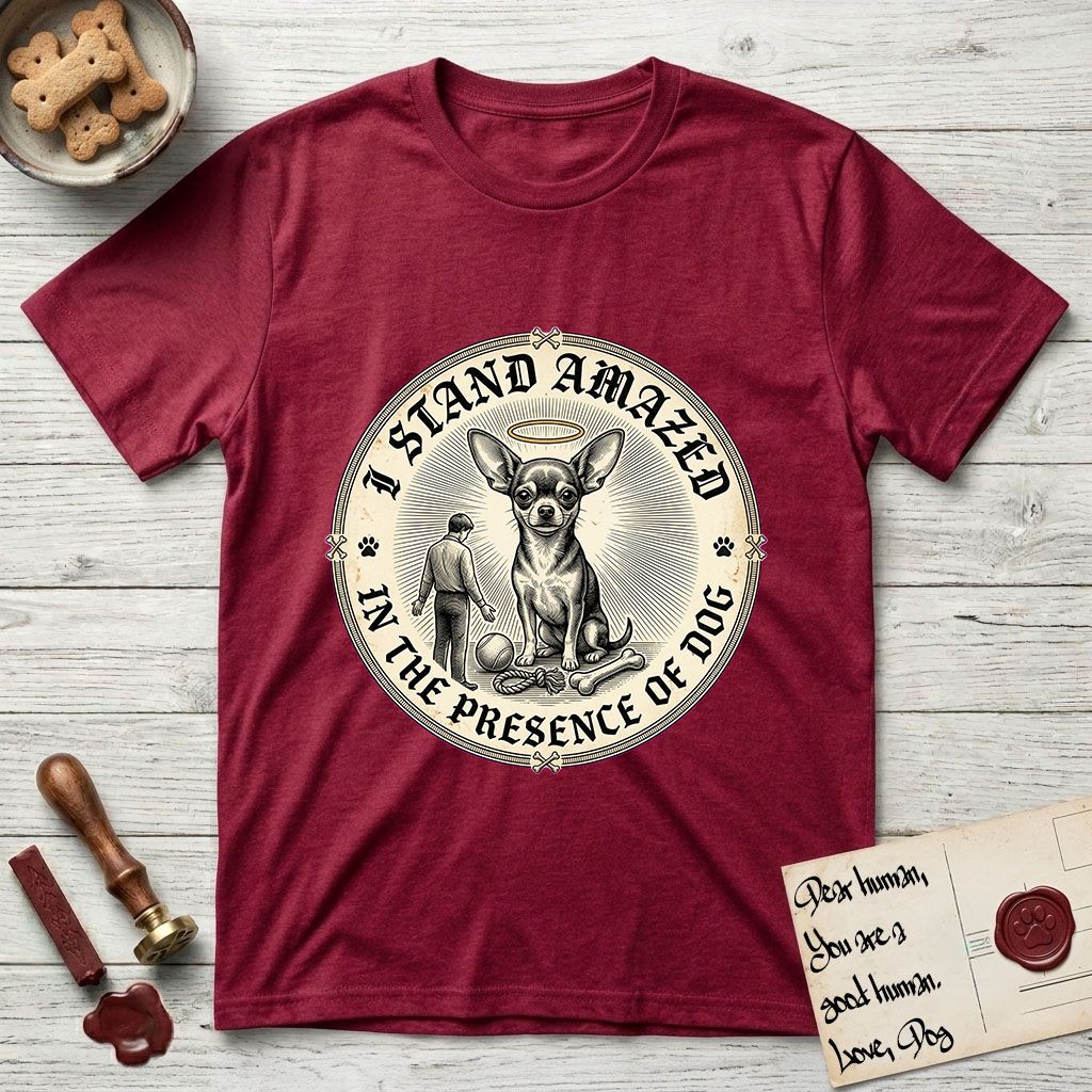 I Stand Amazed in the Presence Chihuahua T-Shirt flat lay in Antique Cherry Red, featuring a vintage engraving medallion of a haloed Chihuahua with a small devoted human gazing up from below.