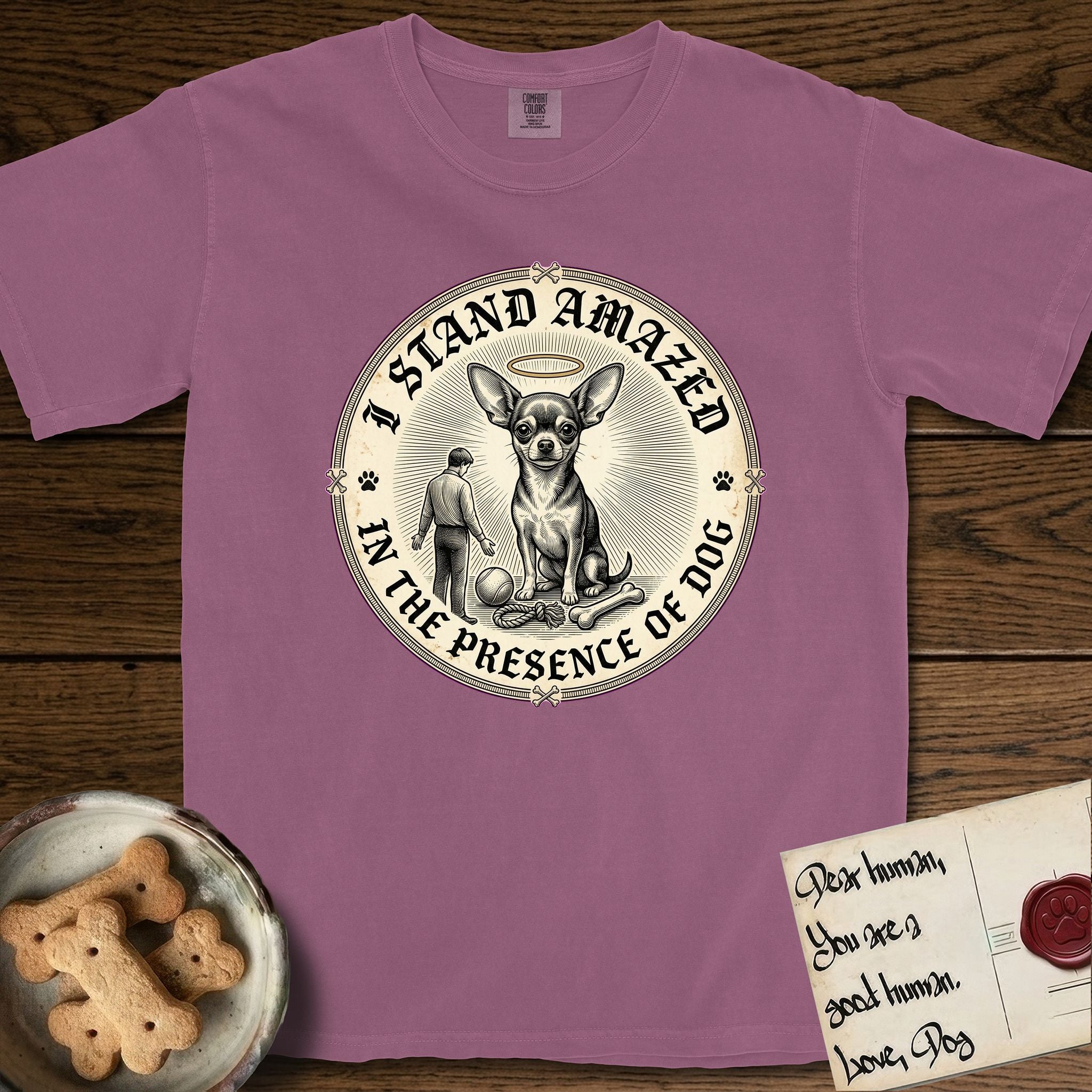 I Stand Amazed in the Presence Chihuahua T-Shirt flat lay in Berry, featuring a vintage engraving medallion of a haloed Chihuahua with a small devoted human gazing up from below.