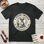 I Stand Amazed in the Presence Chihuahua T-Shirt flat lay in Black, featuring a vintage engraving medallion of a haloed Chihuahua with a small devoted human gazing up from below.
