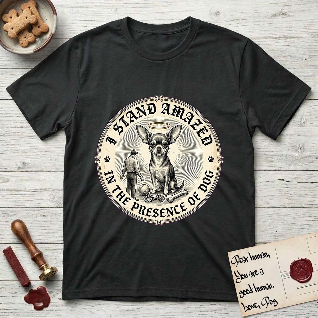 I Stand Amazed in the Presence Chihuahua T-Shirt flat lay in Black, featuring a vintage engraving medallion of a haloed Chihuahua with a small devoted human gazing up from below.