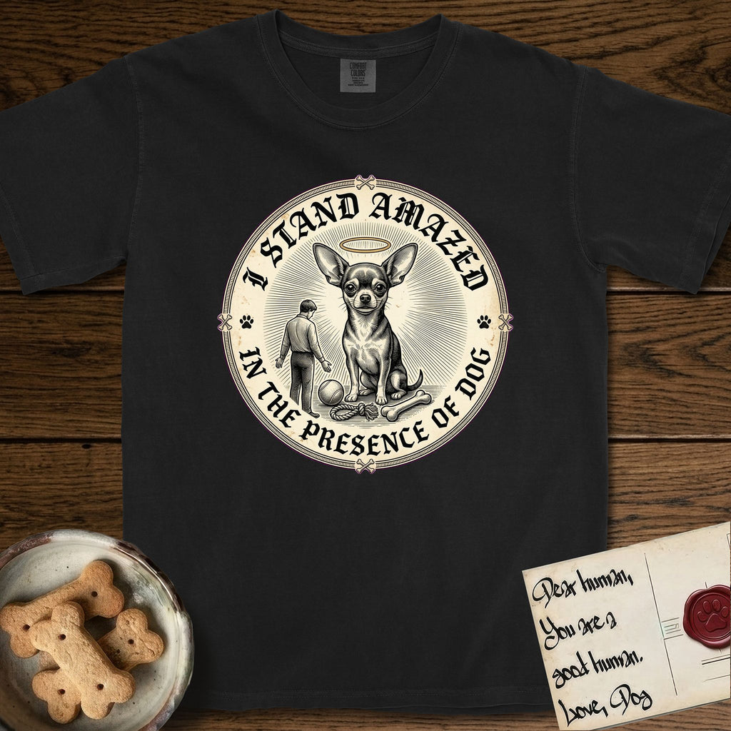 I Stand Amazed in the Presence Chihuahua T-Shirt flat lay in Black, featuring a vintage engraving medallion of a haloed Chihuahua with a small devoted human gazing up from below.