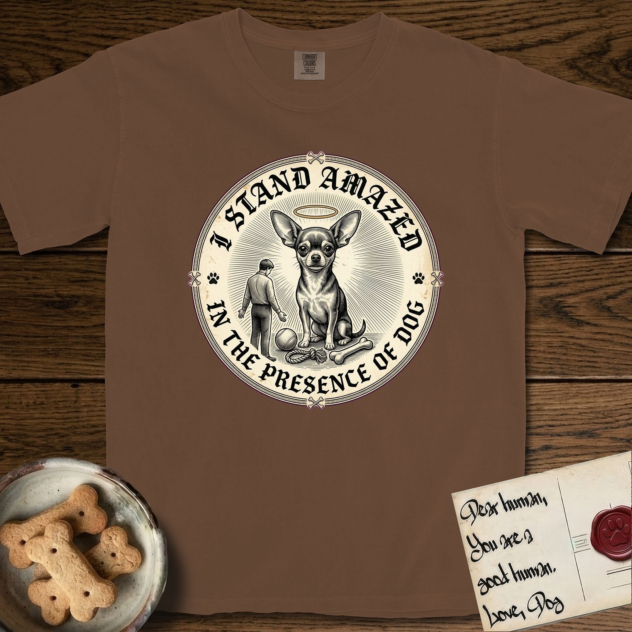 I Stand Amazed in the Presence Chihuahua T-Shirt flat lay in Espresso, featuring a vintage engraving medallion of a haloed Chihuahua with a small devoted human gazing up from below.