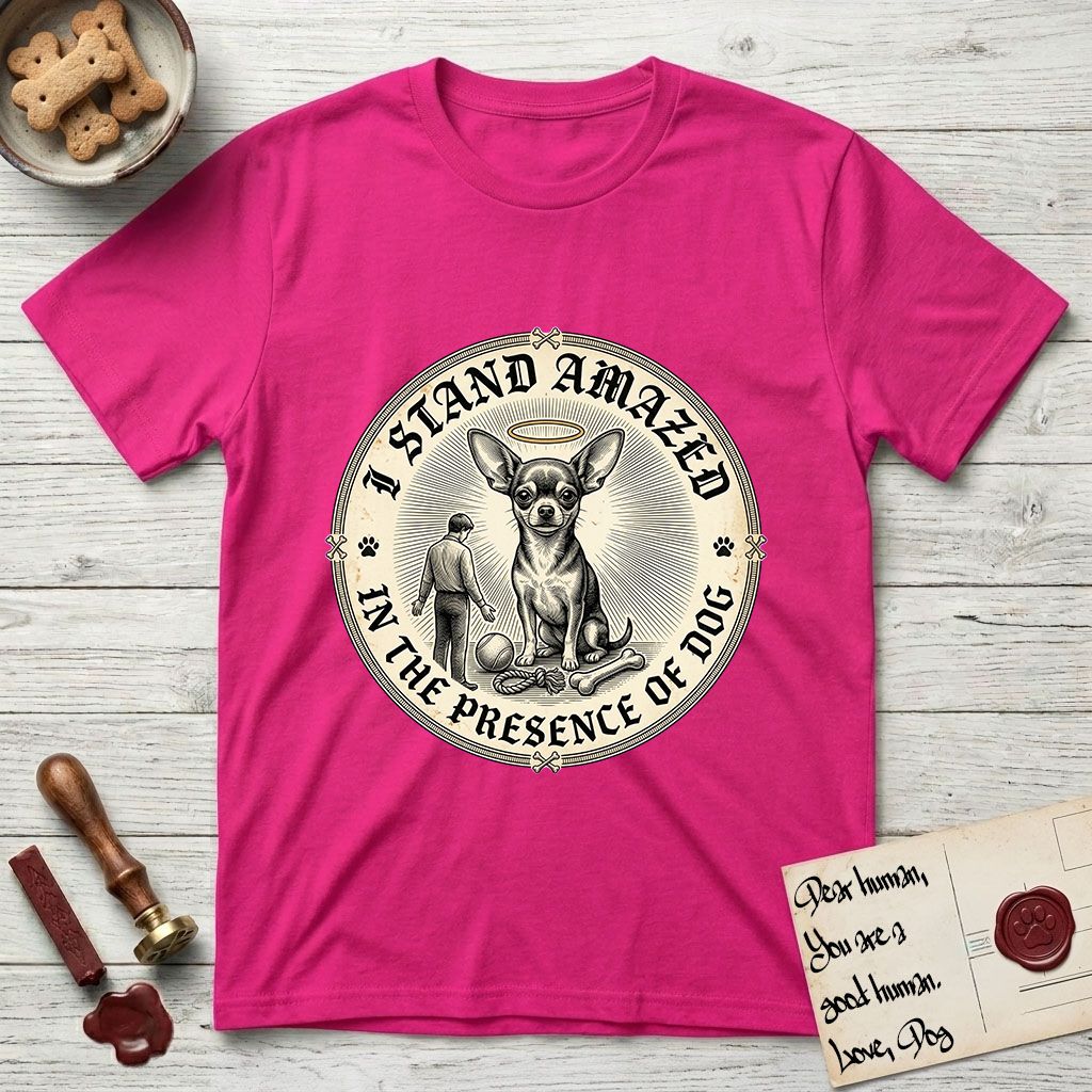 I Stand Amazed in the Presence Chihuahua T-Shirt flat lay in Heliconia, featuring a vintage engraving medallion of a haloed Chihuahua with a small devoted human gazing up from below.