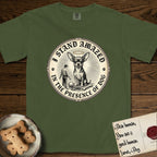 I Stand Amazed in the Presence Chihuahua T-Shirt flat lay in Hemp, featuring a vintage engraving medallion of a haloed Chihuahua with a small devoted human gazing up from below.