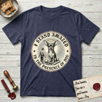 I Stand Amazed in the Presence Chihuahua T-Shirt flat lay in Navy, featuring a vintage engraving medallion of a haloed Chihuahua with a small devoted human gazing up from below.