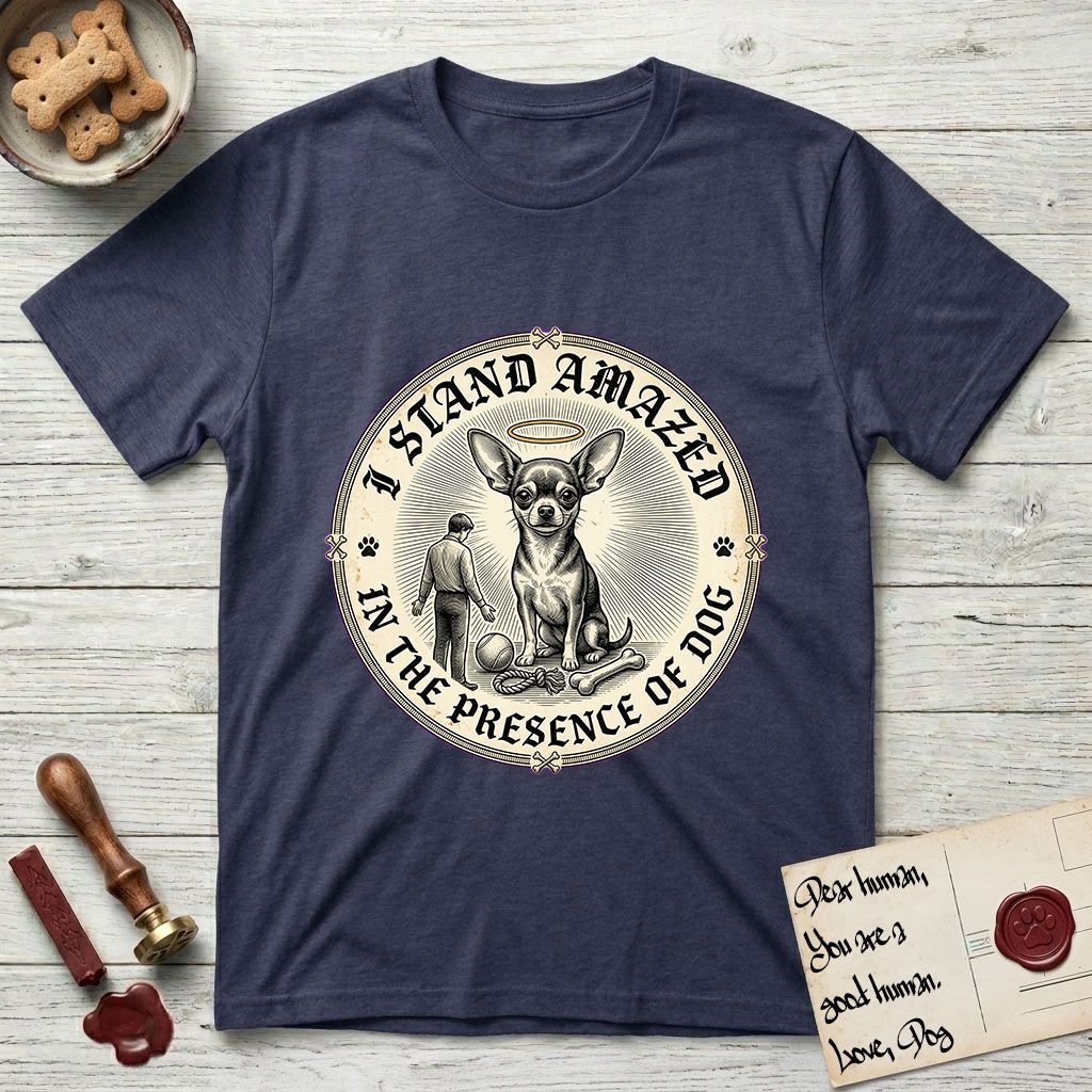 I Stand Amazed in the Presence Chihuahua T-Shirt flat lay in Navy, featuring a vintage engraving medallion of a haloed Chihuahua with a small devoted human gazing up from below.