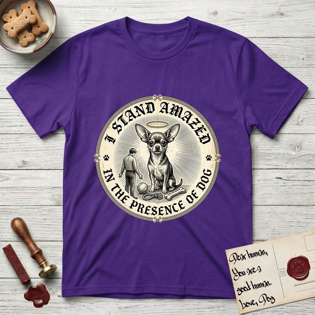I Stand Amazed in the Presence Chihuahua T-Shirt flat lay in Purple, featuring a vintage engraving medallion of a haloed Chihuahua with a small devoted human gazing up from below.