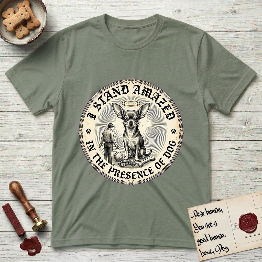 I Stand Amazed in the Presence Chihuahua T-Shirt flat lay in Sage, featuring a vintage engraving medallion of a haloed Chihuahua with a small devoted human gazing up from below.