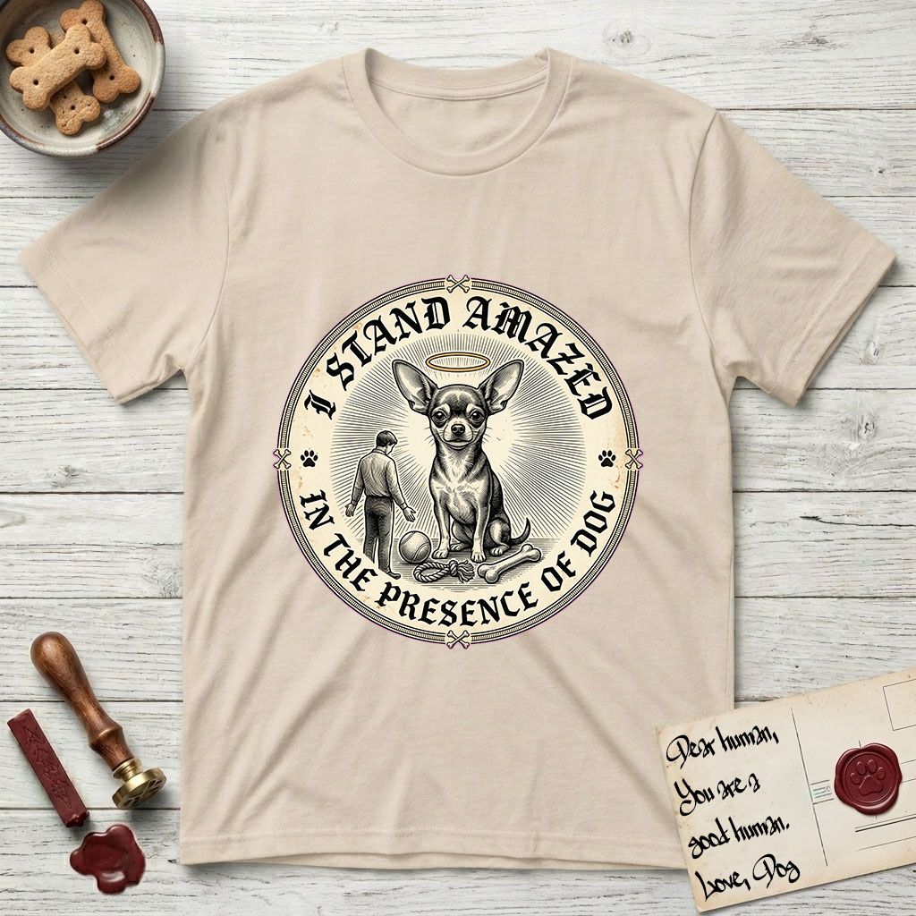 I Stand Amazed in the Presence Chihuahua T-Shirt flat lay in Sand, featuring a vintage engraving medallion of a haloed Chihuahua with a small devoted human gazing up from below.