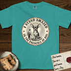 I Stand Amazed in the Presence Chihuahua T-Shirt flat lay in Seafoam, featuring a vintage engraving medallion of a haloed Chihuahua with a small devoted human gazing up from below.