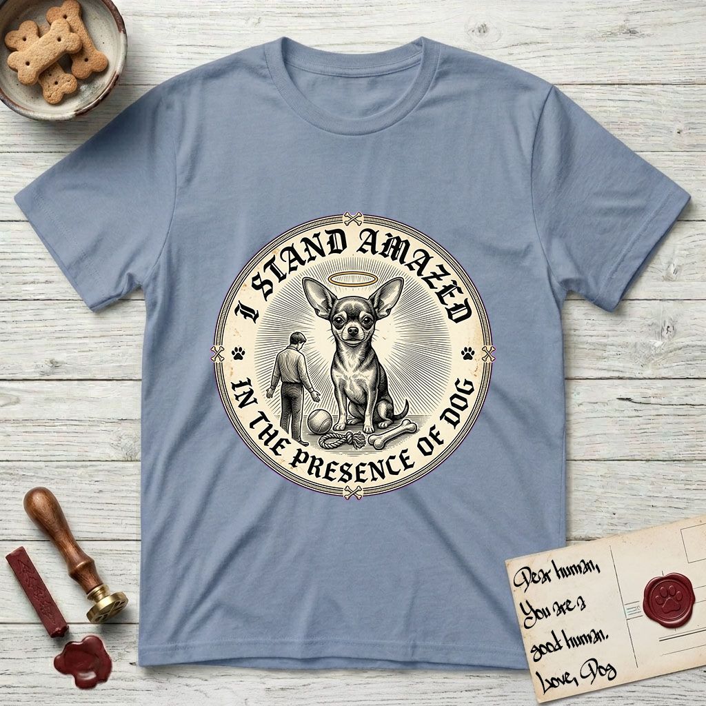 I Stand Amazed in the Presence Chihuahua T-Shirt flat lay in Stone Blue, featuring a vintage engraving medallion of a haloed Chihuahua with a small devoted human gazing up from below.