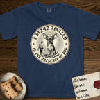 I Stand Amazed in the Presence Chihuahua T-Shirt flat lay in True Navy, featuring a vintage engraving medallion of a haloed Chihuahua with a small devoted human gazing up from below.