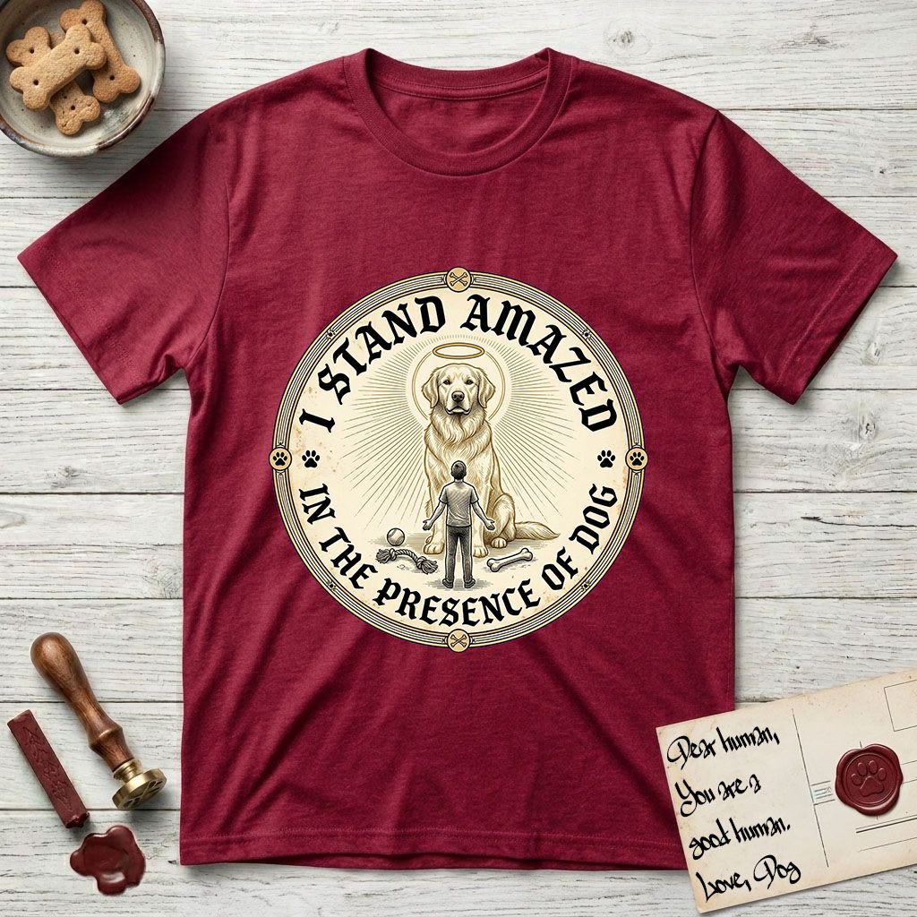 I Stand Amazed in the Presence Golden Retriever T-Shirt flat lay in Antique Cherry Red, featuring a vintage engraving medallion of a haloed Golden Retriever with a small devoted human gazing up from below.