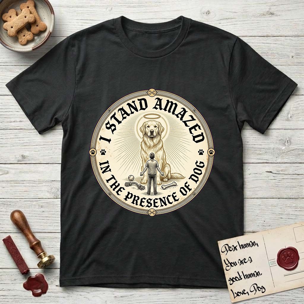 I Stand Amazed in the Presence Golden Retriever T-Shirt flat lay in Black, featuring a vintage engraving medallion of a haloed Golden Retriever with a small devoted human gazing up from below.