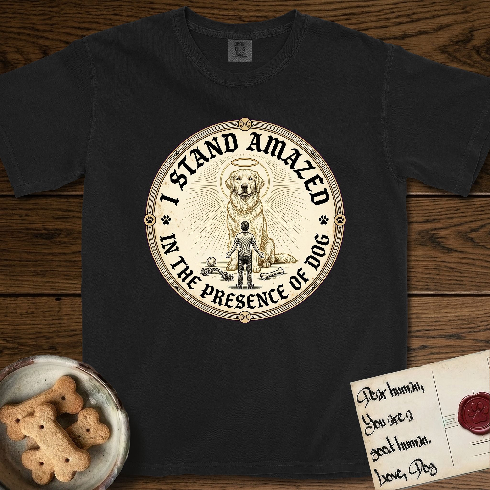 I Stand Amazed in the Presence Golden Retriever T-Shirt flat lay in Black, featuring a vintage engraving medallion of a haloed Golden Retriever with a small devoted human gazing up from below.