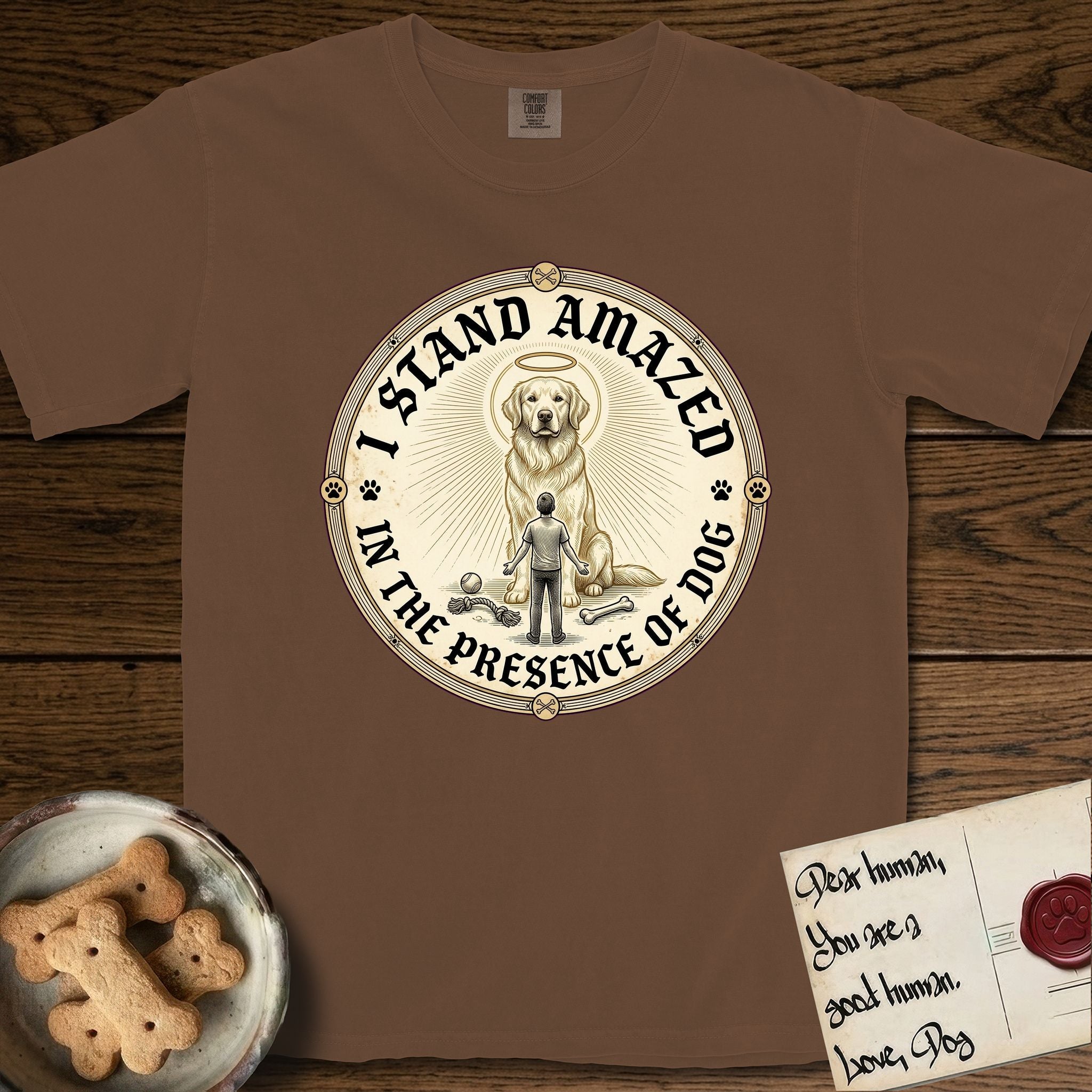 I Stand Amazed in the Presence Golden Retriever T-Shirt flat lay in Espresso, featuring a vintage engraving medallion of a haloed Golden Retriever with a small devoted human gazing up from below.