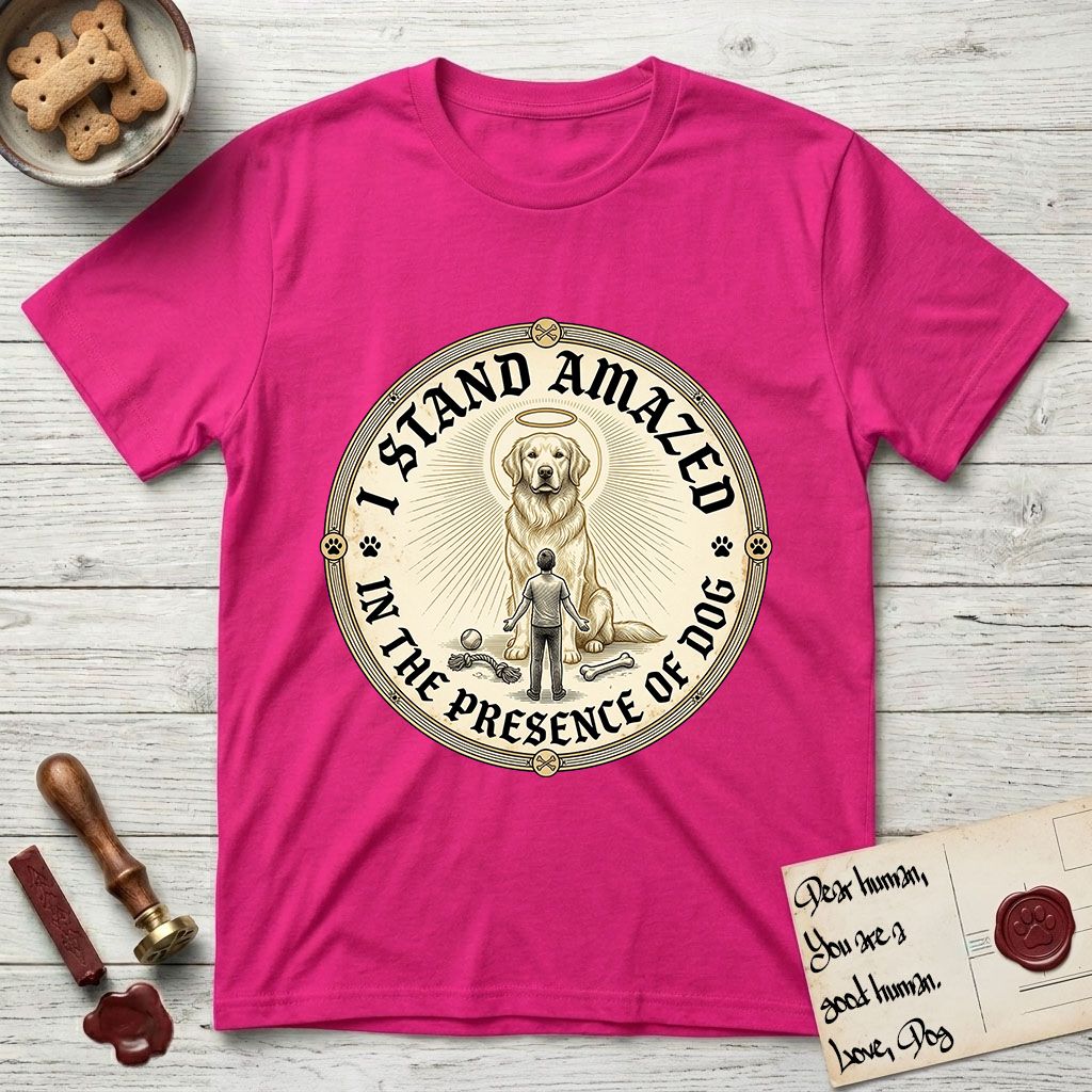 I Stand Amazed in the Presence Golden Retriever T-Shirt flat lay in Heliconia, featuring a vintage engraving medallion of a haloed Golden Retriever with a small devoted human gazing up from below.
