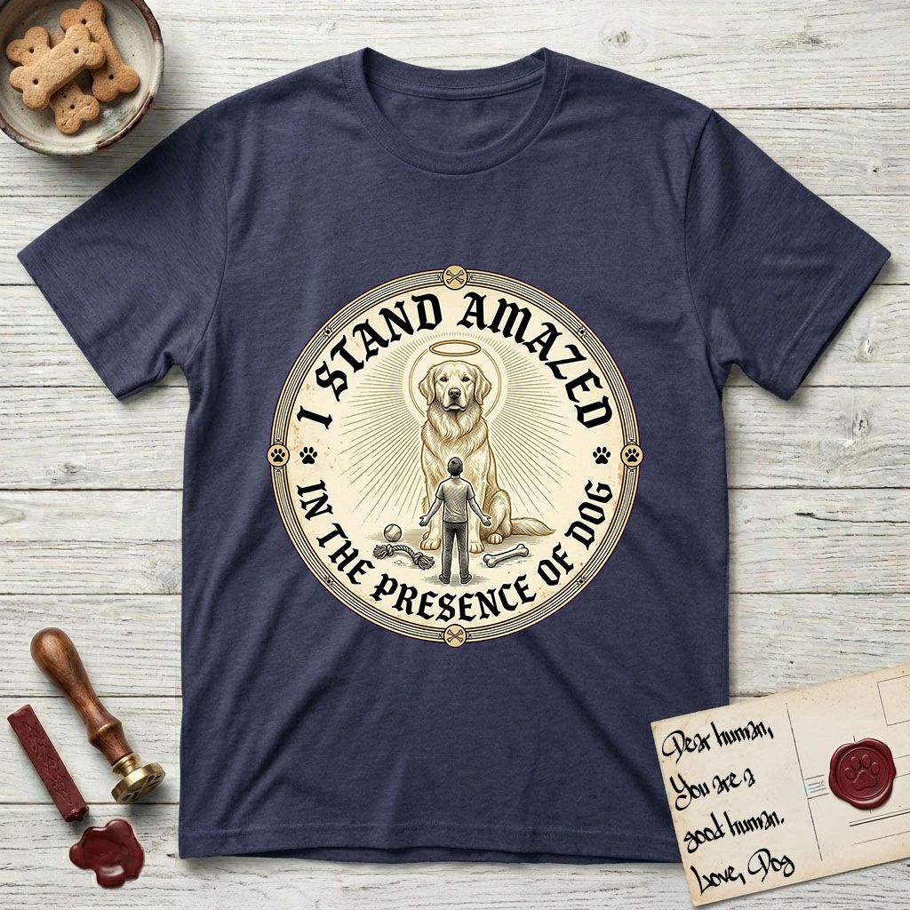 I Stand Amazed in the Presence Golden Retriever T-Shirt flat lay in Navy, featuring a vintage engraving medallion of a haloed Golden Retriever with a small devoted human gazing up from below.