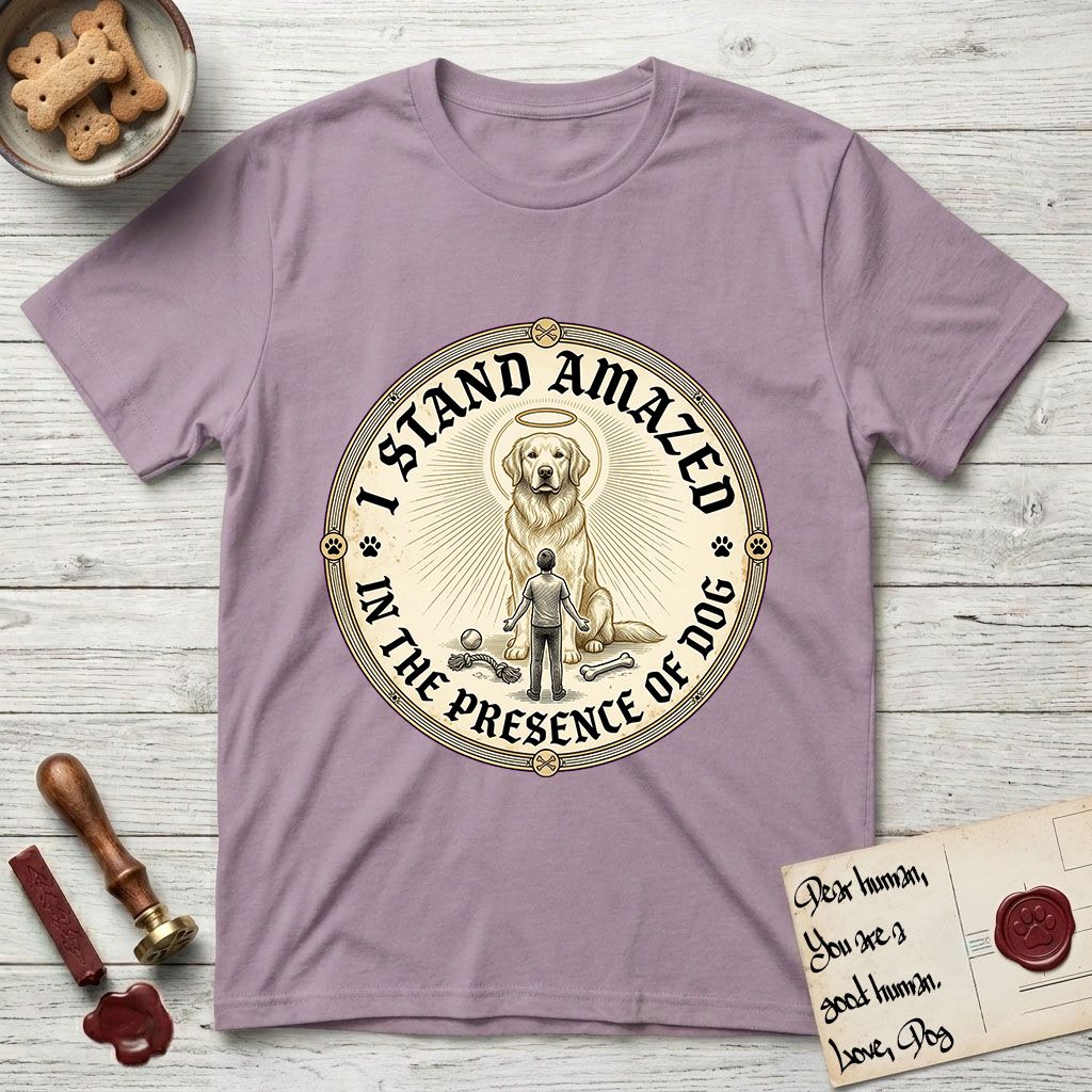 I Stand Amazed in the Presence Golden Retriever T-Shirt flat lay in Paragon, featuring a vintage engraving medallion of a haloed Golden Retriever with a small devoted human gazing up from below.