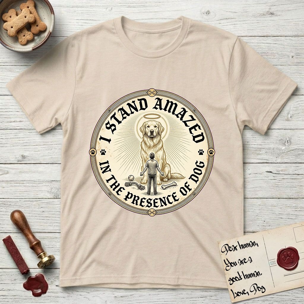 I Stand Amazed in the Presence Golden Retriever T-Shirt flat lay in Sand, featuring a vintage engraving medallion of a haloed Golden Retriever with a small devoted human gazing up from below.
