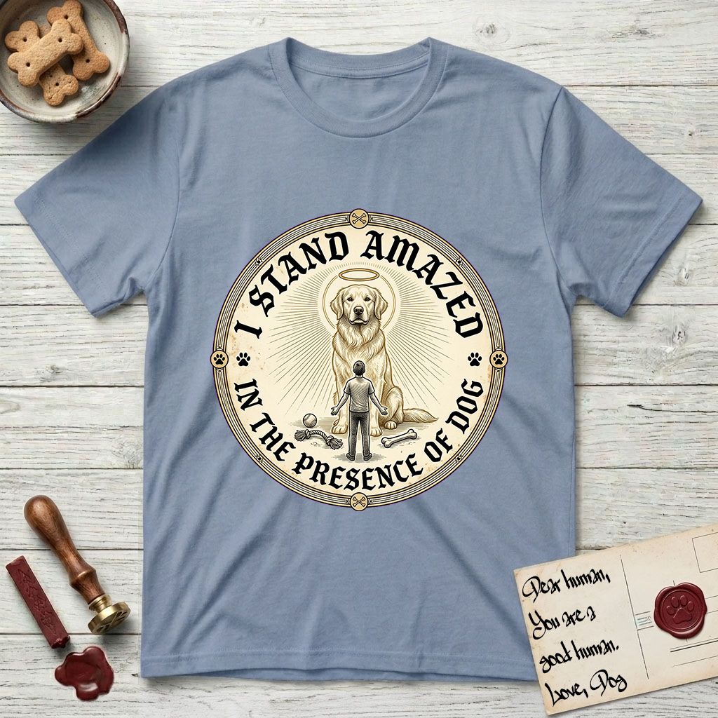 I Stand Amazed in the Presence Golden Retriever T-Shirt flat lay in Stone Blue, featuring a vintage engraving medallion of a haloed Golden Retriever with a small devoted human gazing up from below.