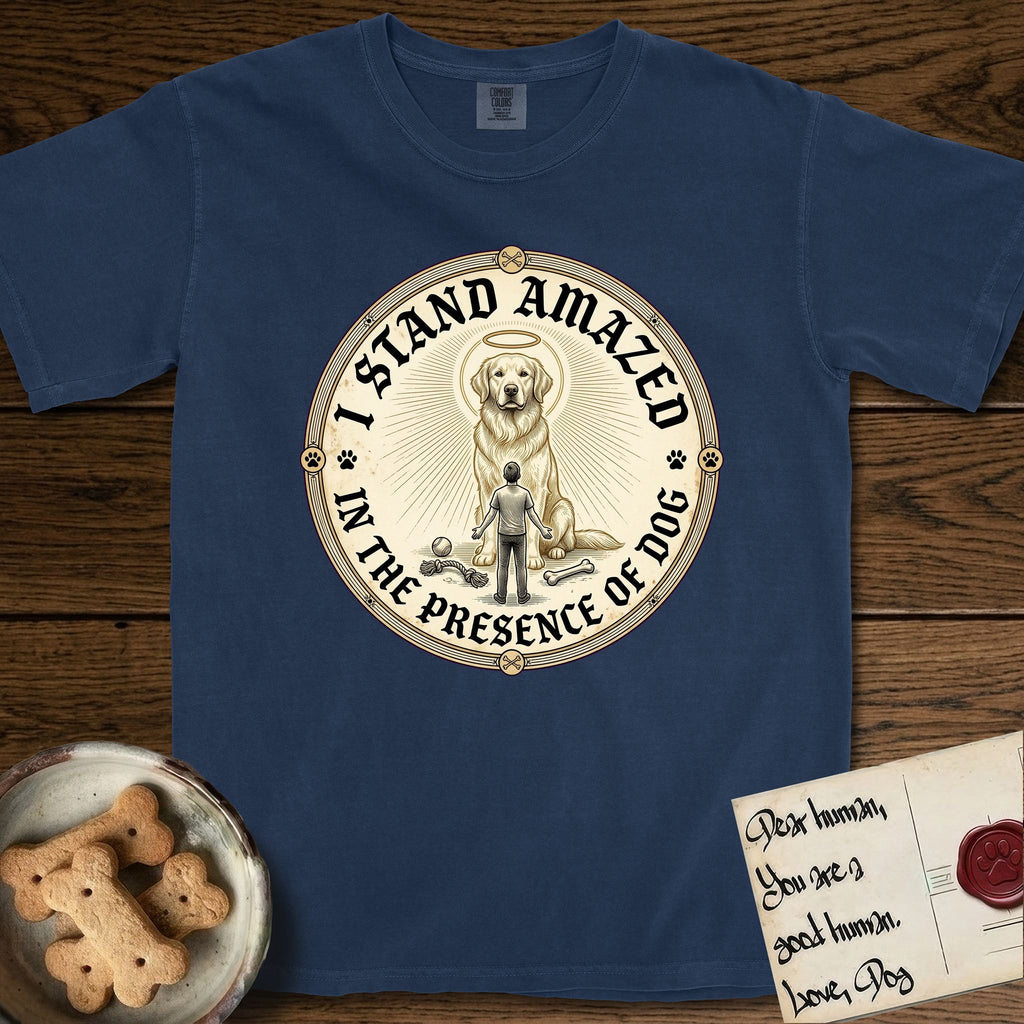 I Stand Amazed in the Presence Golden Retriever T-Shirt flat lay in True Navy, featuring a vintage engraving medallion of a haloed Golden Retriever with a small devoted human gazing up from below.