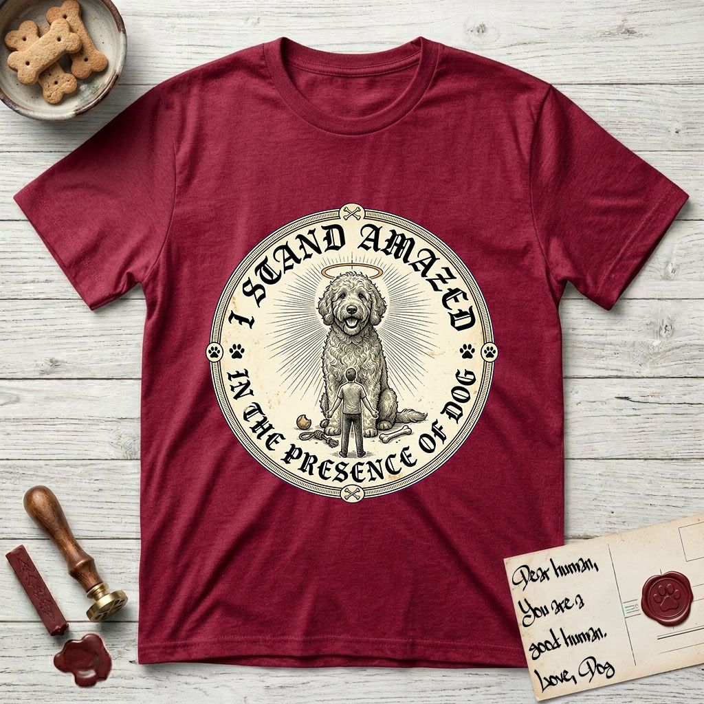 I Stand Amazed in the Presence Goldendoodle T-Shirt flat lay in Antique Cherry Red, featuring a vintage engraving medallion of a haloed Goldendoodle with a small devoted human gazing up from below.