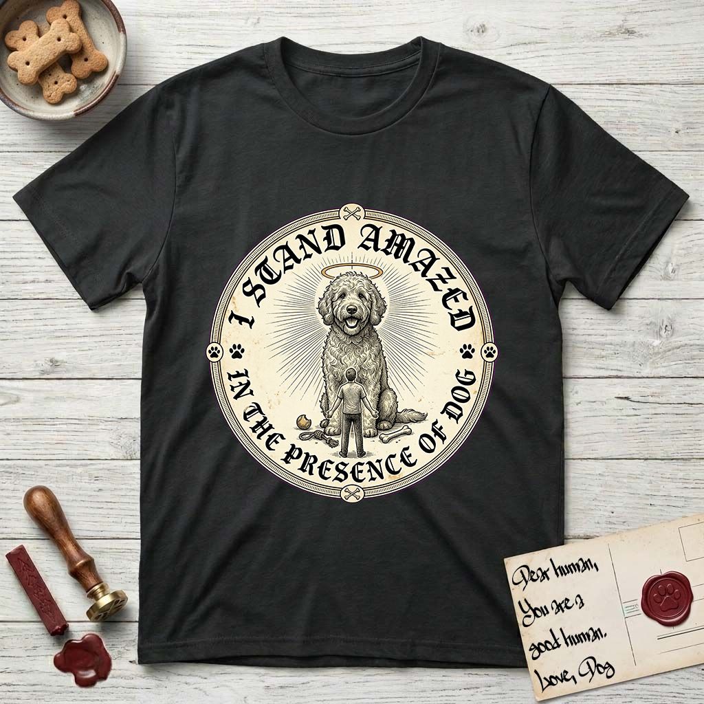 I Stand Amazed in the Presence Goldendoodle T-Shirt flat lay in Black, featuring a vintage engraving medallion of a haloed Goldendoodle with a small devoted human gazing up from below.