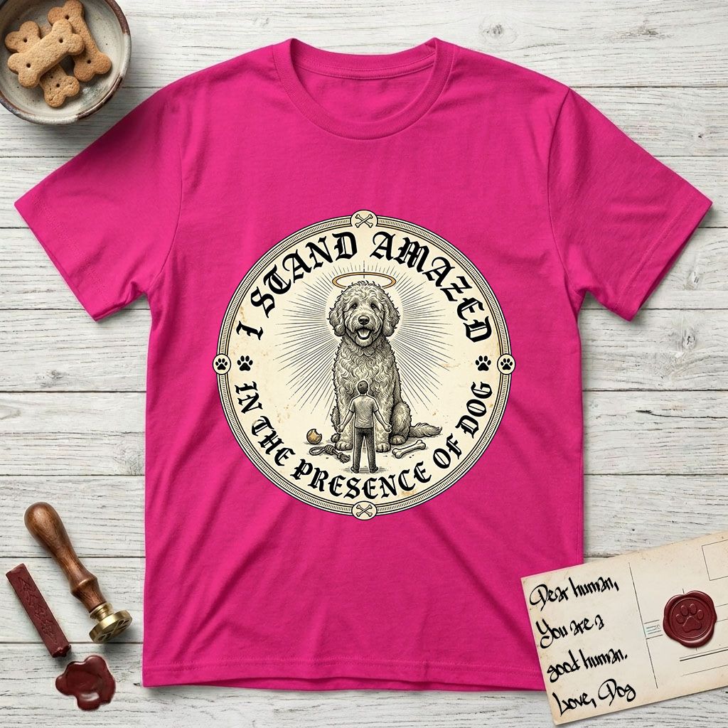 I Stand Amazed in the Presence Goldendoodle T-Shirt flat lay in Heliconia, featuring a vintage engraving medallion of a haloed Goldendoodle with a small devoted human gazing up from below.