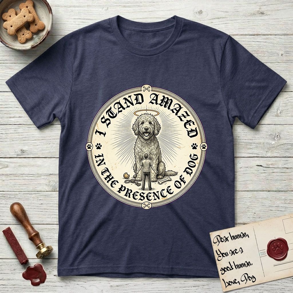 I Stand Amazed in the Presence Goldendoodle T-Shirt flat lay in Navy, featuring a vintage engraving medallion of a haloed Goldendoodle with a small devoted human gazing up from below.