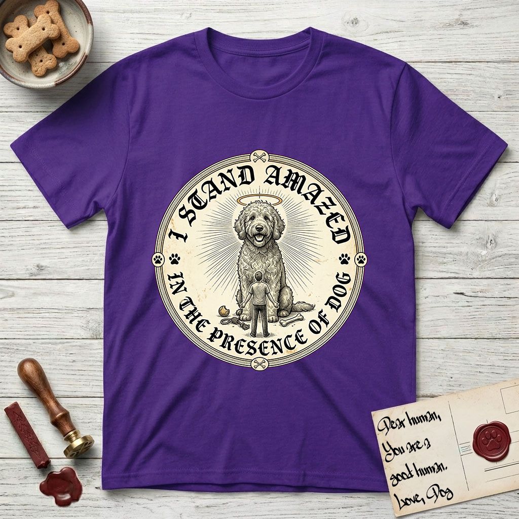 I Stand Amazed in the Presence Goldendoodle T-Shirt flat lay in Purple, featuring a vintage engraving medallion of a haloed Goldendoodle with a small devoted human gazing up from below.