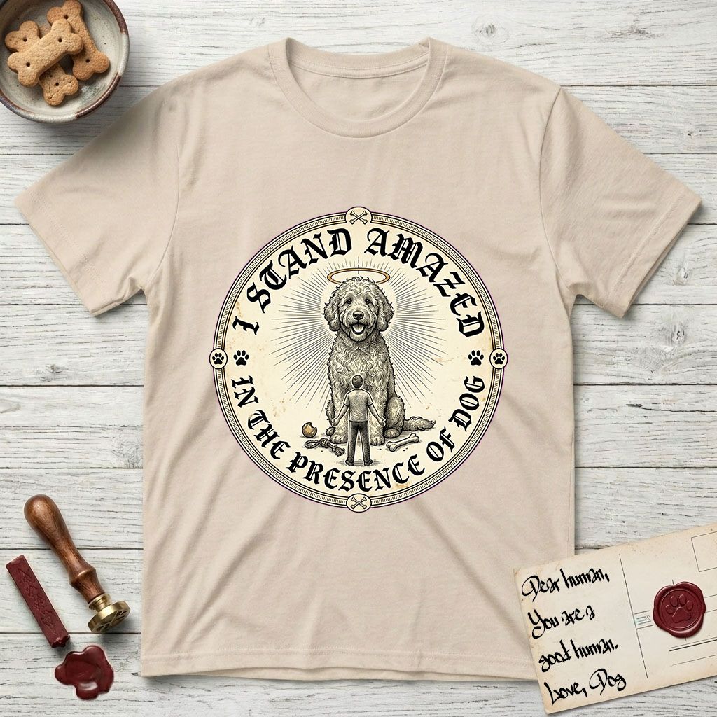 I Stand Amazed in the Presence Goldendoodle T-Shirt flat lay in Sand, featuring a vintage engraving medallion of a haloed Goldendoodle with a small devoted human gazing up from below.