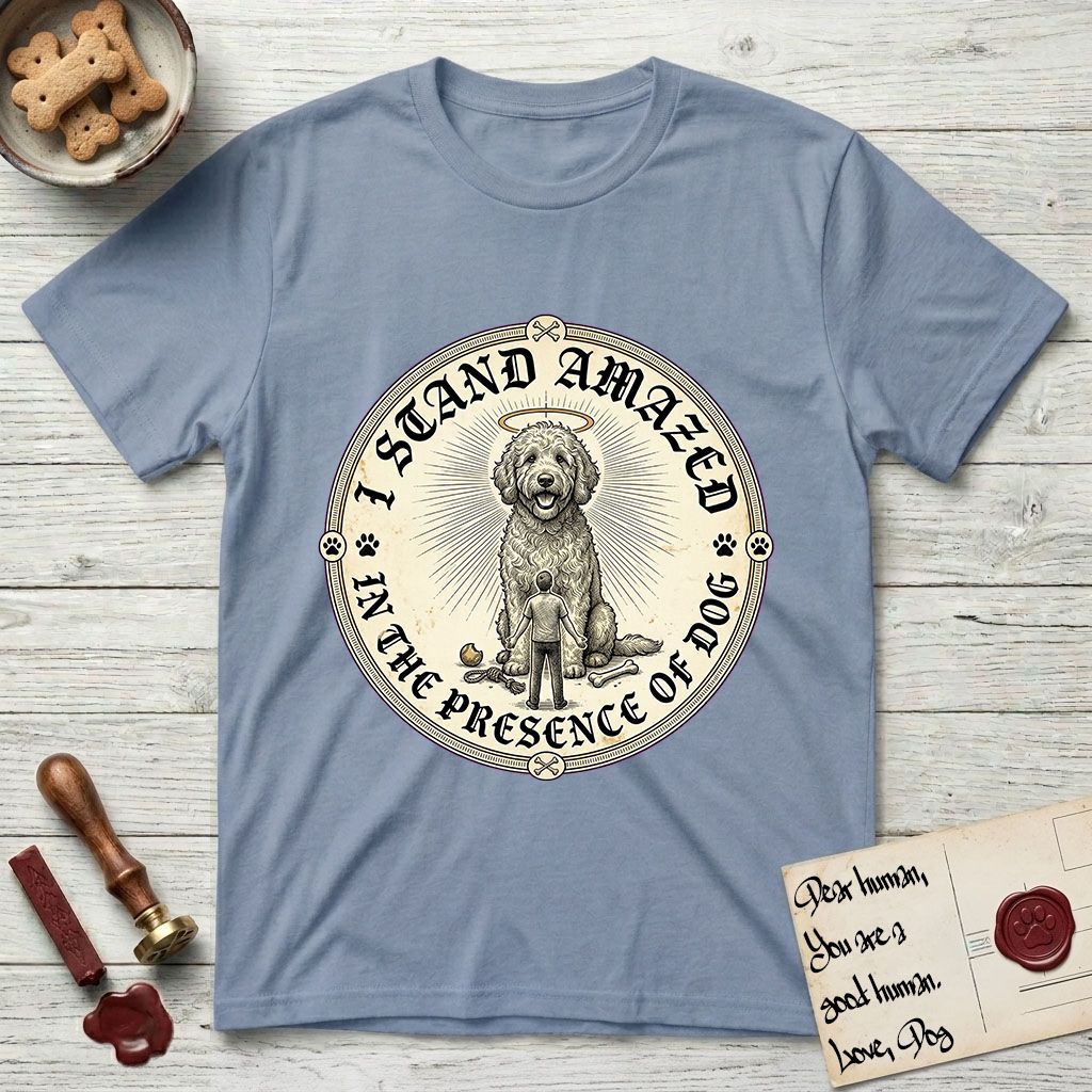 I Stand Amazed in the Presence Goldendoodle T-Shirt flat lay in Stone Blue, featuring a vintage engraving medallion of a haloed Goldendoodle with a small devoted human gazing up from below.