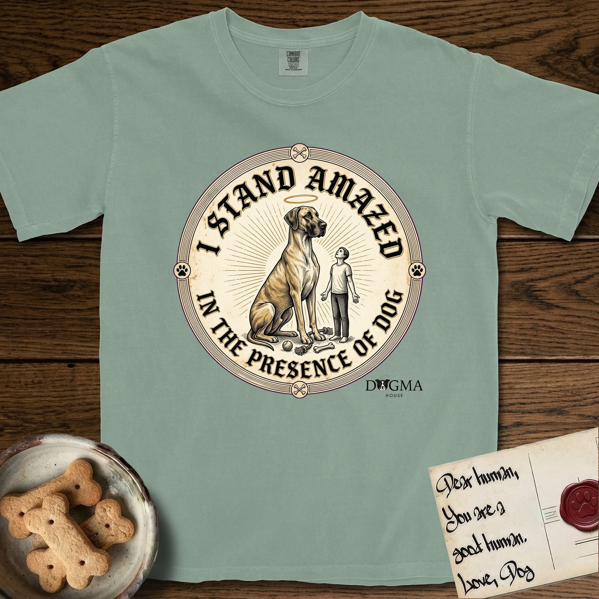 I Stand Amazed in the Presence Great Dane T-Shirt flat lay in Bay, featuring a vintage engraving medallion of a haloed Great Dane with a small devoted human gazing up from below.