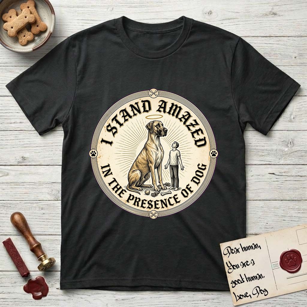 I Stand Amazed in the Presence Great Dane T-Shirt flat lay in Black, featuring a vintage engraving medallion of a haloed Great Dane with a small devoted human gazing up from below.