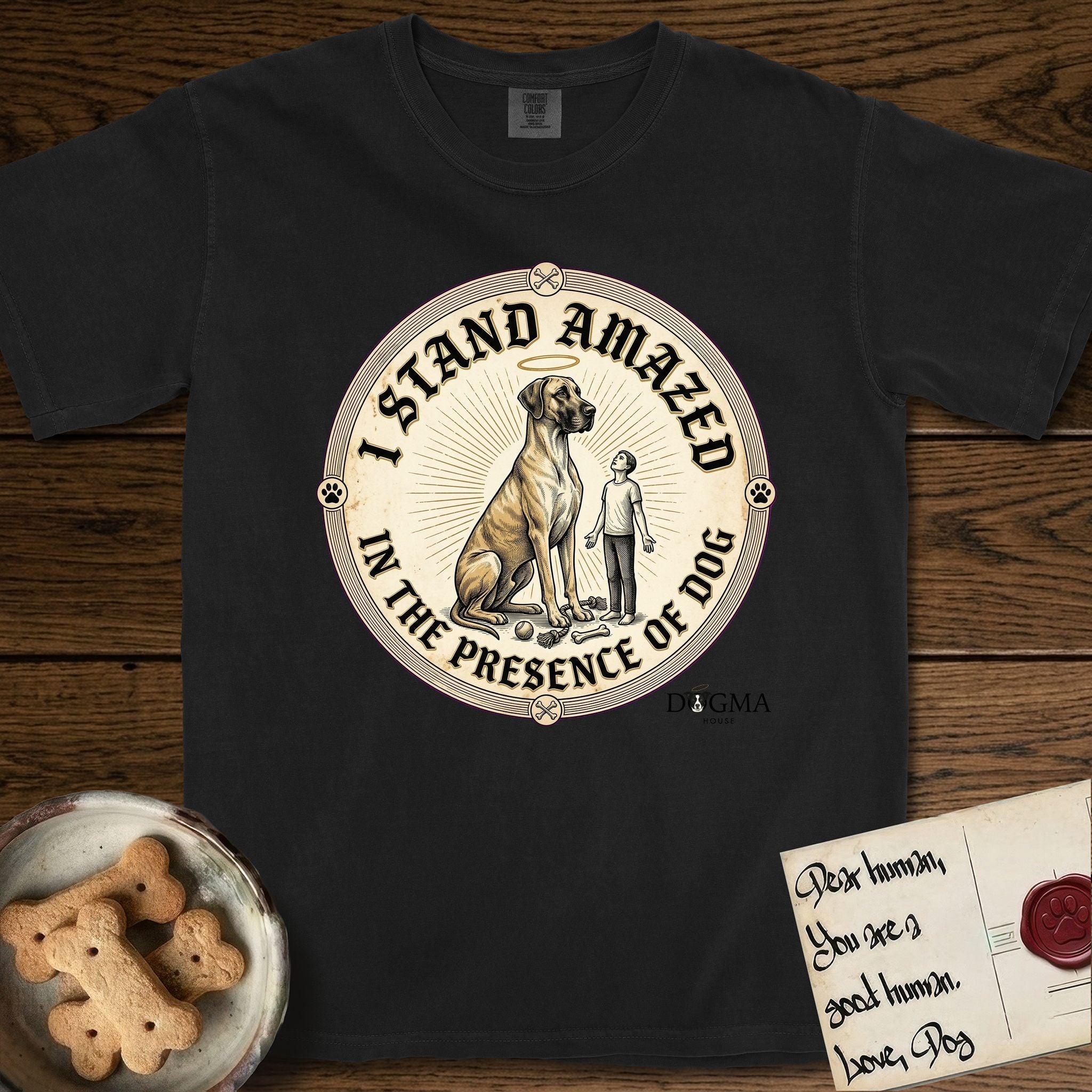 I Stand Amazed in the Presence Great Dane T-Shirt flat lay in Black, featuring a vintage engraving medallion of a haloed Great Dane with a small devoted human gazing up from below.