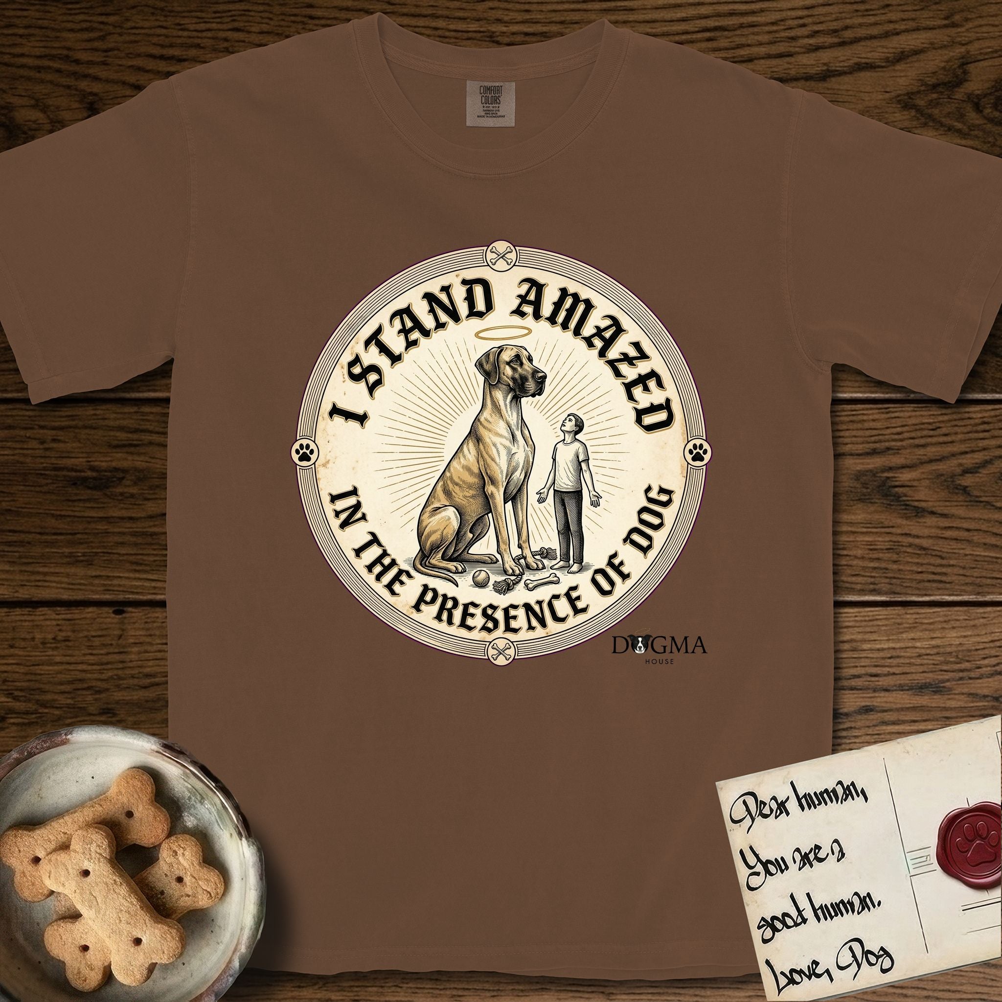 I Stand Amazed in the Presence Great Dane T-Shirt flat lay in Espresso, featuring a vintage engraving medallion of a haloed Great Dane with a small devoted human gazing up from below.