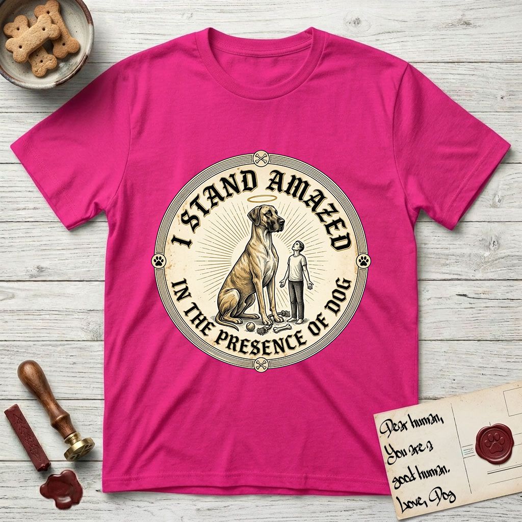 I Stand Amazed in the Presence Great Dane T-Shirt flat lay in Heliconia, featuring a vintage engraving medallion of a haloed Great Dane with a small devoted human gazing up from below.