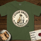 I Stand Amazed in the Presence Great Dane T-Shirt flat lay in Hemp, featuring a vintage engraving medallion of a haloed Great Dane with a small devoted human gazing up from below.