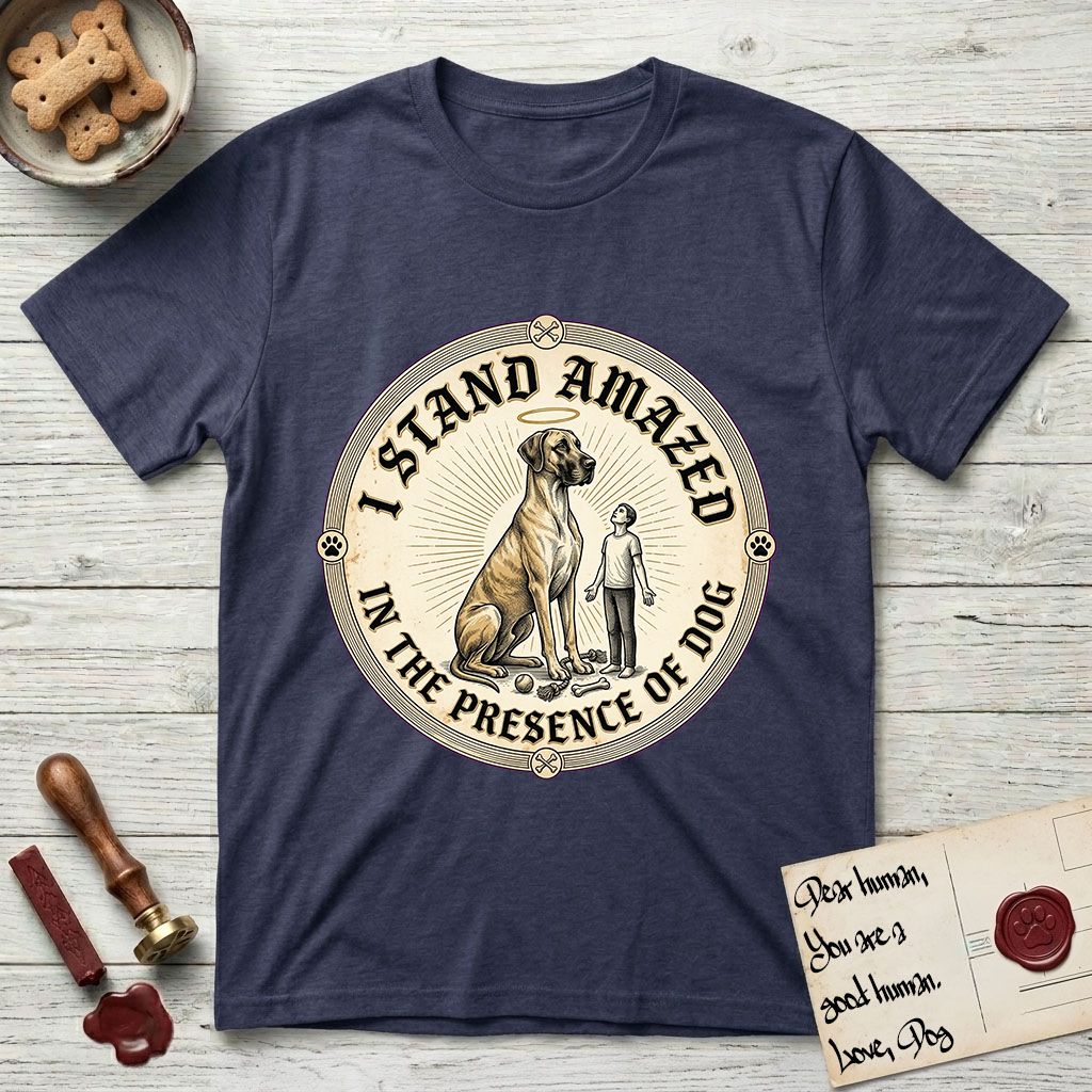 I Stand Amazed in the Presence Great Dane T-Shirt flat lay in Navy, featuring a vintage engraving medallion of a haloed Great Dane with a small devoted human gazing up from below.