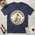 I Stand Amazed in the Presence Great Dane T-Shirt flat lay in Navy, featuring a vintage engraving medallion of a haloed Great Dane with a small devoted human gazing up from below.
