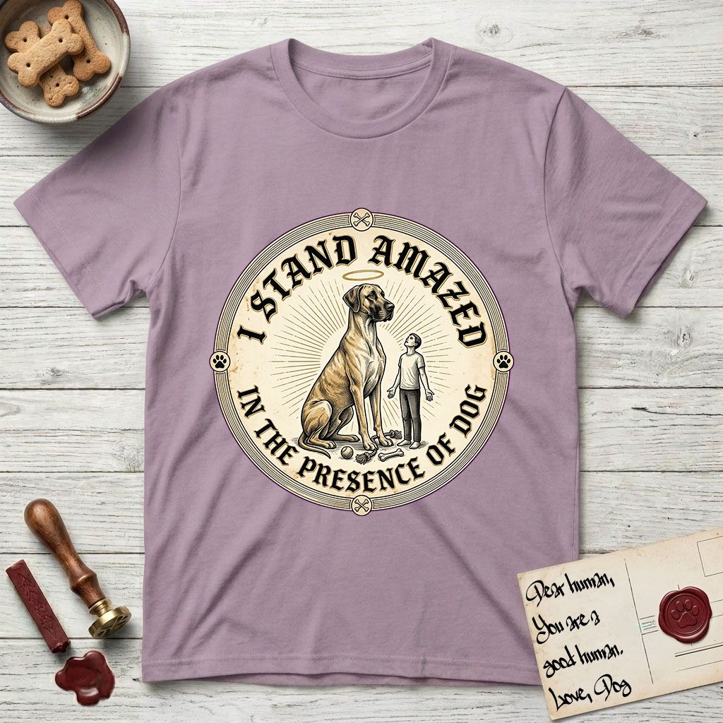 I Stand Amazed in the Presence Great Dane T-Shirt flat lay in Paragon, featuring a vintage engraving medallion of a haloed Great Dane with a small devoted human gazing up from below.