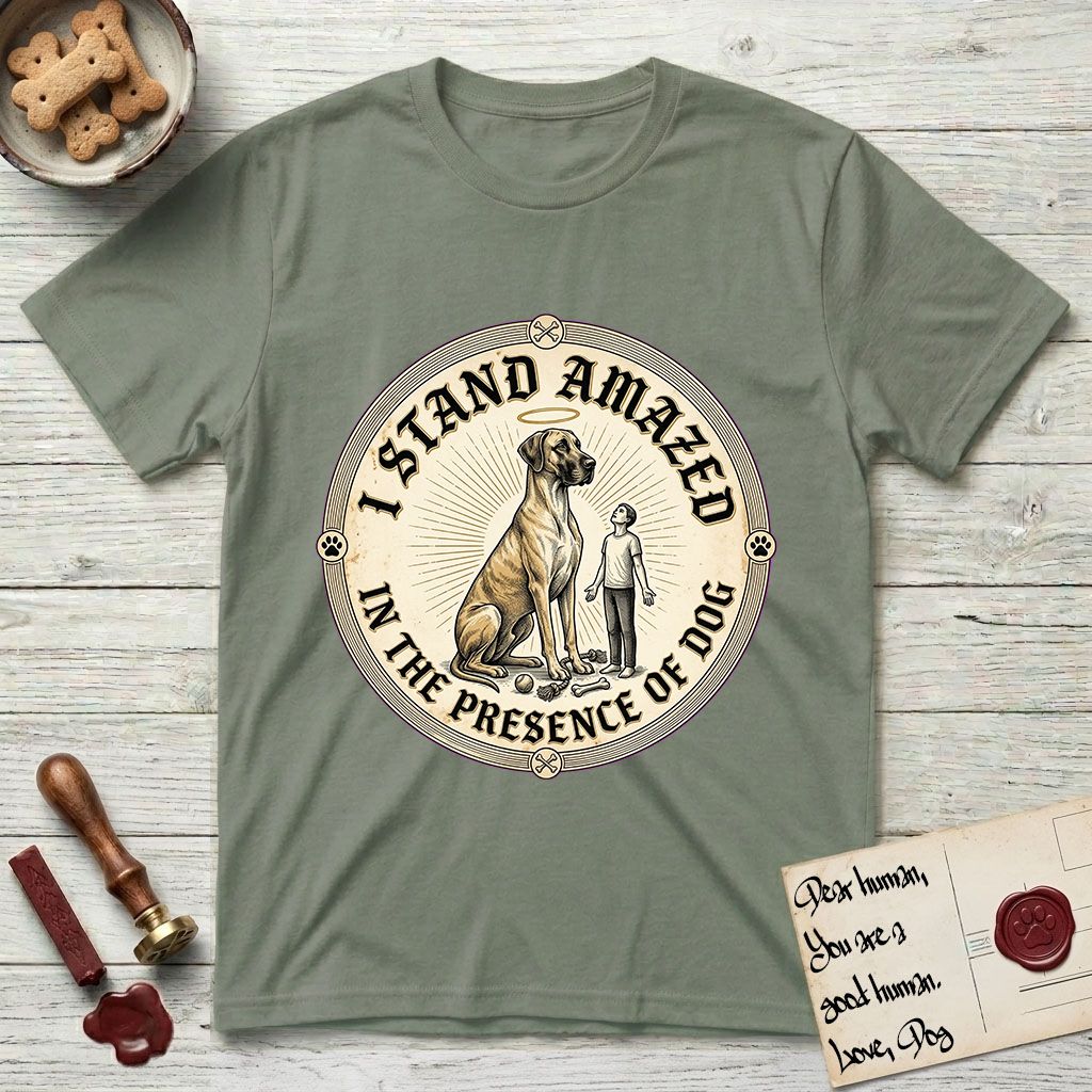 I Stand Amazed in the Presence Great Dane T-Shirt flat lay in Sage, featuring a vintage engraving medallion of a haloed Great Dane with a small devoted human gazing up from below.