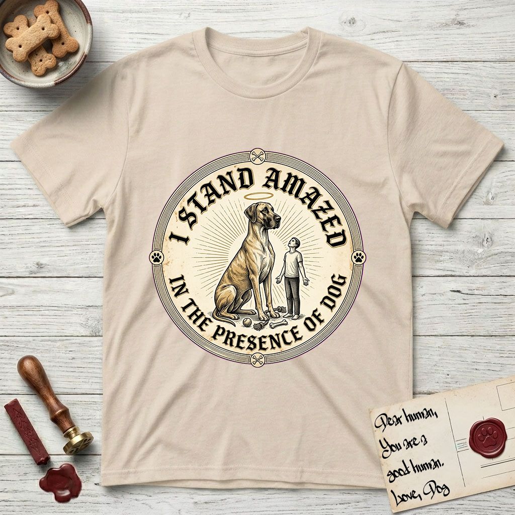 I Stand Amazed in the Presence Great Dane T-Shirt flat lay in Sand, featuring a vintage engraving medallion of a haloed Great Dane with a small devoted human gazing up from below.